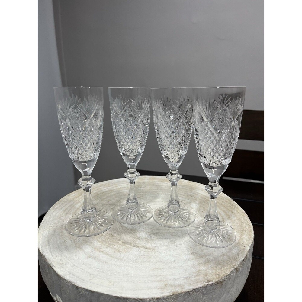 Set of 4 Vintage Hand Cut Lead Crystal Champagne Flutes 7.5" Diamond Cut